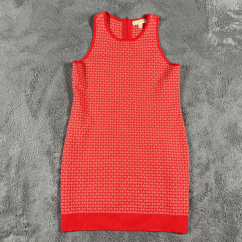 Michael Kors Sweater Dress Womens XL Red MK AOP Knit Stretch Sleeveless Back Zip